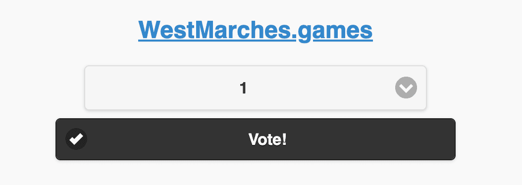 The ENNIES ballot showing WestMarches.games with 1 selected in the ranking dropdown and the Vote! button below